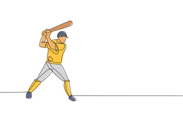 One continuous line drawing of young sporty man baseball player practice to hit the ball at field. Competitive sport concept. Dynamic single line draw design vector illustration for promotion poster
