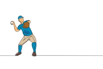 Single continuous line drawing young agile man baseball player practice to throw the ball. Sport exercise concept. Trendy one line draw design graphic vector illustration for baseball promotion media