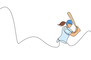 One continuous line drawing of young sporty woman baseball player train to hit the ball. Competitive sport concept. Dynamic single line draw design vector illustration graphic for promotion poster