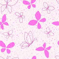 Pink delicate spring background with cute abstract butterflies. Seamless pattern. Vector illustration.