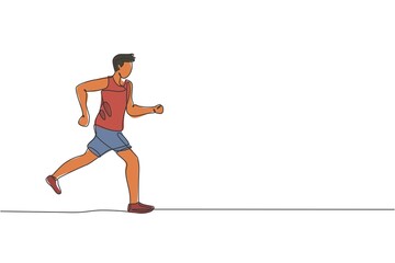 Single continuous line drawing of young agile man runner run fun and relax. Individual sport with competition concept. Trendy one line draw design vector illustration for running tournament promotion