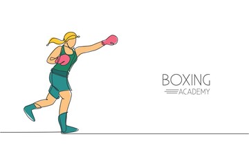 Fototapeta na wymiar One single line drawing of young energetic woman boxer practice her jab punch vector illustration. Sport combative training concept. Modern continuous line draw design for boxing championship banner