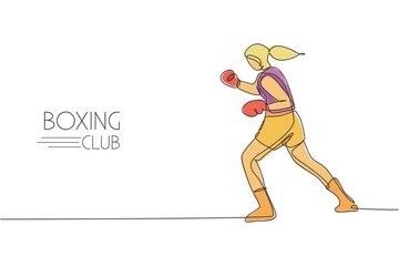 Fototapeta na wymiar Single continuous line drawing of young agile woman boxer focus to train her hook punch. Fair combative sport concept. Trendy one line draw design vector illustration for boxing game promotion media