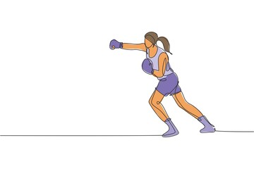 Single continuous line drawing of young agile woman boxer practice punch attack the rival. Fair combative sport concept. Trendy one line draw design vector illustration for boxing game promotion media