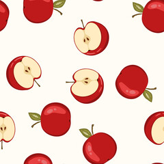 Seamless pattern with apple on white background. Natural delicious ripe tasty fruit. Vector illustration for print, fabric, textile, banner, other design. Stylized apples with leaves. Food concept