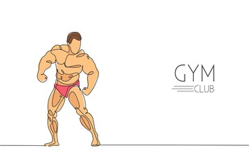 One continuous line drawing of young strong model man bodybuilder. Fitness center gym logo concept. Dynamic single line draw design vector graphic illustration for bodybuilding competition contest