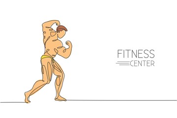 One single line drawing of young energetic model man bodybuilder posed vector illustration. Healthy workout concept. Modern continuous line draw design for bodybuilding fitness center club logo icon