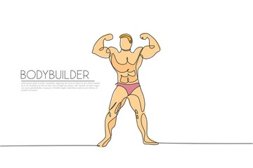 Single continuous line drawing of young muscular model man bodybuilder posing elegantly. Fitness gym logo. Trendy one line draw design vector illustration for budybuilding icon and symbol template