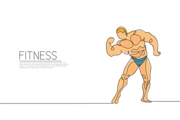 One continuous line drawing young strong model man bodybuilder posed. Fitness center gym logo concept. Dynamic single line draw design vector illustration graphic for bodybuilding competition contest