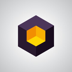 Abstract isometric black cube with yellow gold niche. Logotype template. Vector illustration