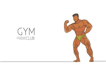 One continuous line drawing young strong model man bodybuilder pose. Fitness center gym logo concept. Dynamic single line draw design graphic vector illustration for bodybuilding competition contest