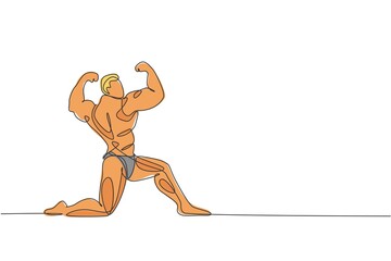 One single line drawing of young energetic model man bodybuilder pose charmingly vector illustration. Healthy workout concept. Modern continuous line draw design for bodybuilding club logo and icon