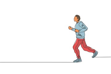 One single line drawing of young energetic man runner run relax at the morning vector illustration graphic. Healthy sport training concept. Modern continuous line draw design for running race banner