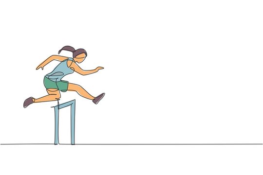 recommend clip art: Single continuous line drawing of young agile woman runner train to jump at hurdle run. Healthy lifestyle concept. Trendy one line draw design graphic vector illustration for running race promotion