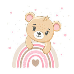 Obraz na płótnie Canvas Cute teddy bear girl on a rainbow. Vector illustration of a cartoon.