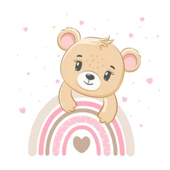 Fotobehang Cute teddy bear girl on a rainbow. Vector illustration of a cartoon. © Arina