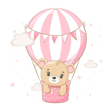 Cute teddy bear girl is flying in a balloon. Vector illustration of a cartoon.