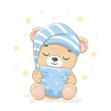 Cute teddy bear is sleeping sweetly. For a boy. Vector illustration of a cartoon.