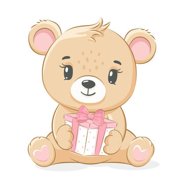 A cute teddy bear girl is sitting and holding a gift. Vector illustration of a cartoon.
