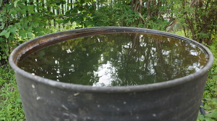 A barrel of water in the garden