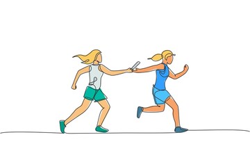 One continuous line drawing young sporty runner women pass baton stick at run race event. Healthy lifestyle and fun jogging sport concept. Dynamic single line draw design vector graphic illustration