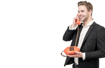 Happy professional man talk on old-fashioned vintage telephone call, retro connection
