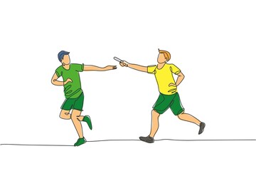 Fototapeta na wymiar One single line drawing young happy runner man pass baton stick to his teammate at race vector graphic illustration. Healthy lifestyle and competitive sport concept. Modern continuous line draw design