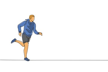 Single continuous line drawing of young happy health runner man wearing hoodie running at city side. Fun sport jogging and healthy lifestyle concept. Trendy one line draw design vector illustration