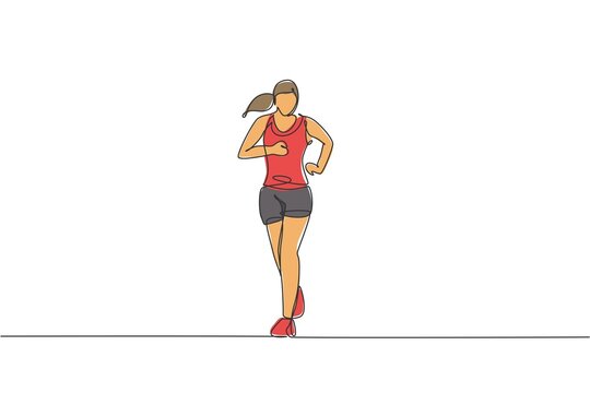 Single continuous line drawing of young happy health runner woman running at run track. Fun sport jogging and healthy lifestyle concept. Trendy one line draw design vector illustration graphic