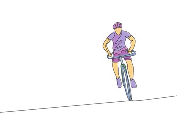 Single continuous line drawing young agile man cyclist focus training his endurance. Sport lifestyle concept. Trendy one line draw design vector illustration graphic for cycling race promotion media