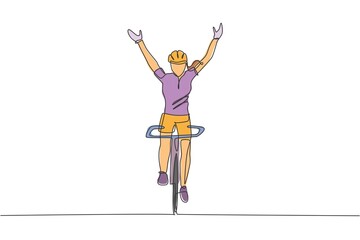 Single continuous line drawing of young agile woman cyclist raise her hands up upon the air. Sport lifestyle concept. Trendy one line draw design vector illustration for cycling race promotion media