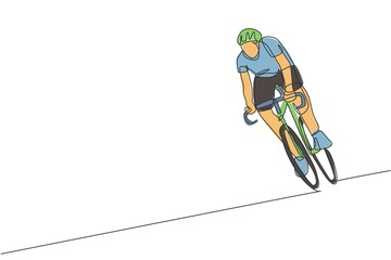One single line drawing of young energetic man bicycle racer training in the road graphic vector illustration. Racing cyclist concept. Modern continuous line draw design for cycling tournament banner