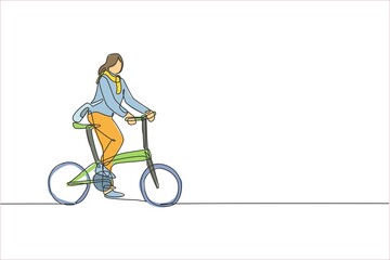 Fototapeta na wymiar One single line drawing young happy startup employee woman ride bicycle to the coworking space vector illustration graphic. Healthy commuter urban lifestyle concept. Modern continuous line draw design