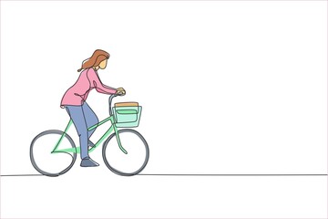 One single line drawing young happy startup employee woman ride bicycle to the coworking space vector illustration graphic. Healthy urban commuter lifestyle concept. Modern continuous line draw design
