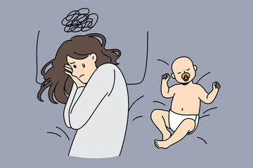Postpartum depression and parenthood concept. Young depressed sad mother with tough thoughts lying in bed with happy sleeping baby nearby vector illustration  - obrazy, fototapety, plakaty