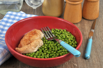 Assiette de petits pois avec un blanc de poulet et une fourchette