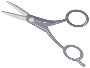 Hairdressing scissors with sharp blades and additional handle for holding. Barber tool, barbershop symbol, haircut creation equipment. Hairdresser tool for cutting hair isolated on white background