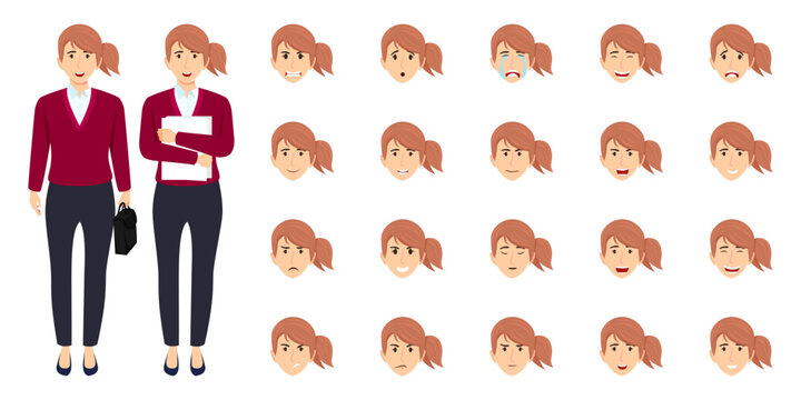 Businesswoman character set wearing business outfit with different facial expression and emotion angry happy excited unhappy cry sad cheerful posing standing isolated icon set