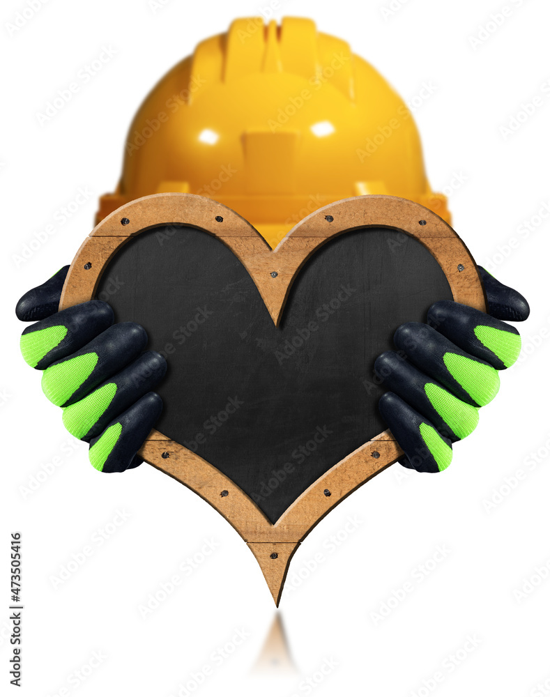Poster manual worker with protective work gloves and hard hat, holding a blank blackboard in the shape of a