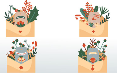 Set of envelopes with a greeting Christmas card, fir sprigs and decor. Christmas greetings concept.
