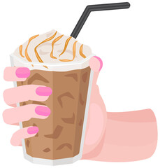 Glass with cold, invigorating drink. Take away coffee, beverage to go vector illustration. Woman s hand holding cup of aromatic coffee with ice and whipped cream. Refreshing drink, take away ice latte