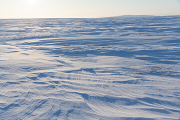 Winter arctic landscape. Snow-covered tundra. Snowy ground surface. Cold frosty winter weather. The harsh climate of the polar region. Endless arctic desert. Chukotka, the Far North of Russia.