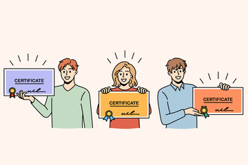 Certificates and education diploma concept. Group of smiling positive people graduates standing holding colorful official certificates with stamps in hands vector illustration  - obrazy, fototapety, plakaty
