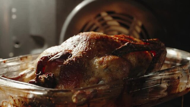 Roasted duck with apples in the oven.