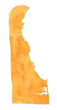 Delaware State Map Silhouette in beautiful orange colour. One single object. Hand painted water color graphic drawing, cut out clip art element for design, print, greeting card, banner, template.