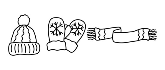 Set of hand-drawn vector gloves hat and scarf in doodle style.