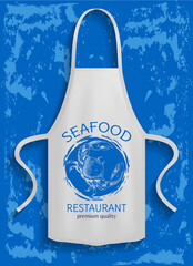 Protective garment for cooking. Safety clothing for restaurant cookery. Apparel for cooking seafood. Apron with sea food restaurant logo on blue background. Apron for protection of clothes in kitchen