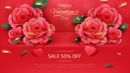Valentines Day Background, Red Shelves with realistic rose element and green leaf with golden ribbon, glitter light effect. banner template sale 50% off. 3d luxury style. Vector illustration.