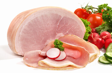 Cooked Pork Ham with Slices - Isolated on white Background - obrazy, fototapety, plakaty