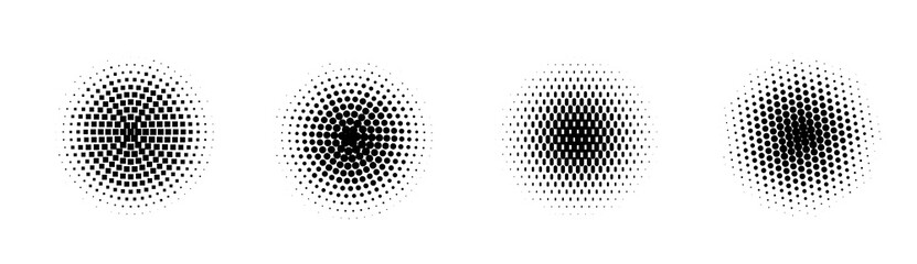 Set of vector halftone circles with dots. Pattern design elements gradient.